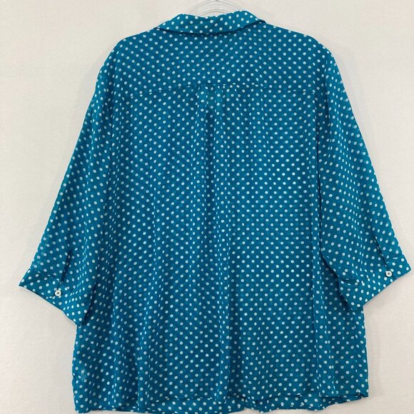 Susan Graver Top 2X Blue White Polka Dot Soft Flowy 3/4 Sleeve Chiffon Button Up - Picture 10 of 11